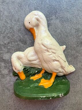 Vintage John Wright Cast Iron Doorstop W/ Two Hand-Painted Ducks